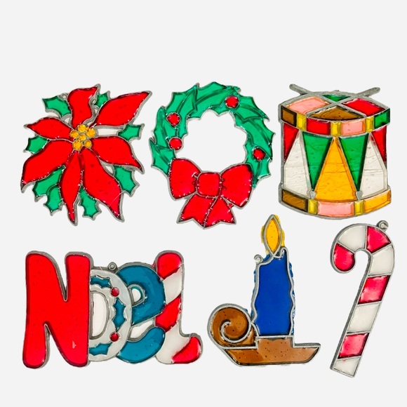 6 Vintage Suncatcher Christmas Ornament Faux Stained Glass Noel Wreath Candle 4" - Picture 1 of 14